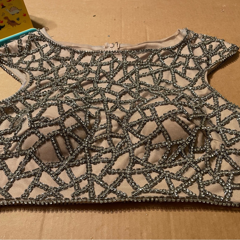 Rhinestone Tan and Silver Geometric Crop Top